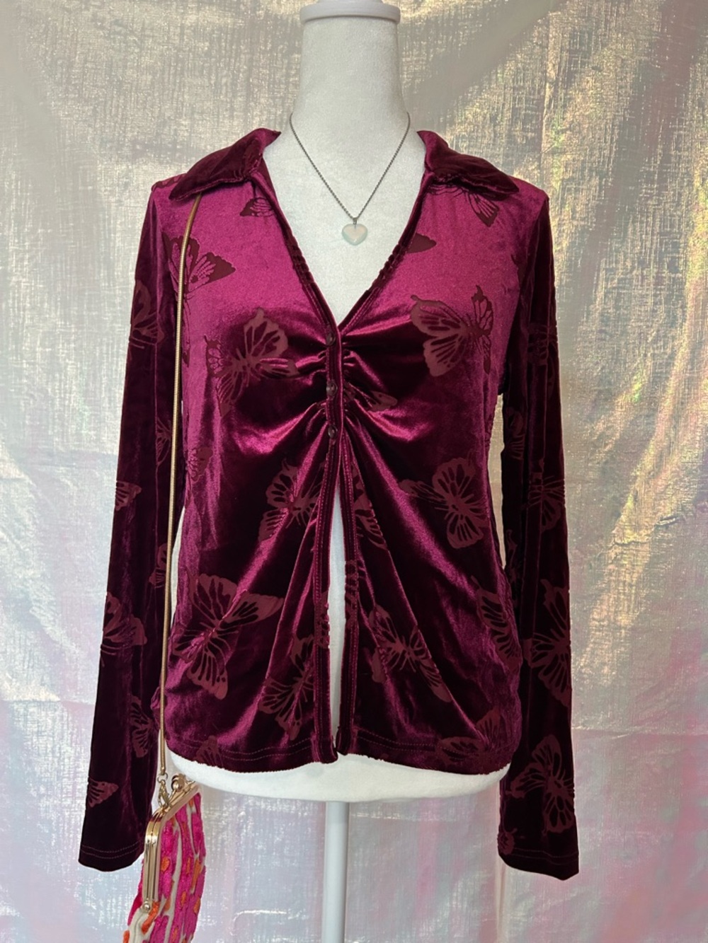 Velvet Floral Ruched Butterfly Long-Sleeve Top - Burgundy. See measurements.